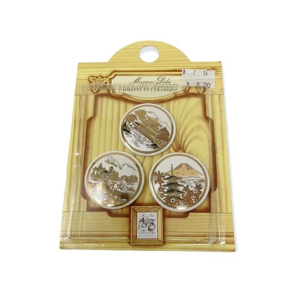 Vintage Ceramic Circular Magnets Asian Landscape Architecture - Picture 1 of 6